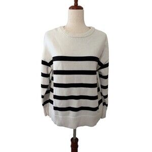 French Connection Women's Sweater Striped White Small Preppy Classic Crew Neck